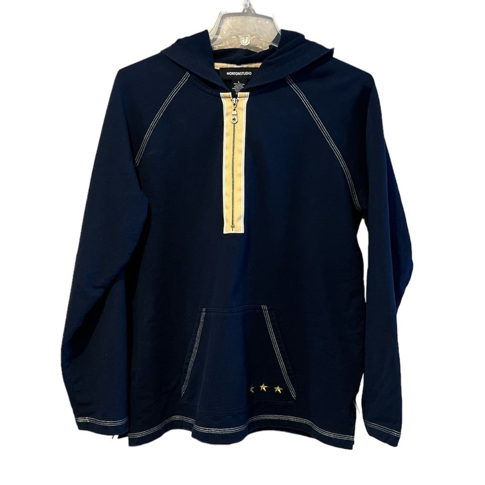 Norton Studio quarter zip hoodie, navy blue kangaroo pockets yellow star trim